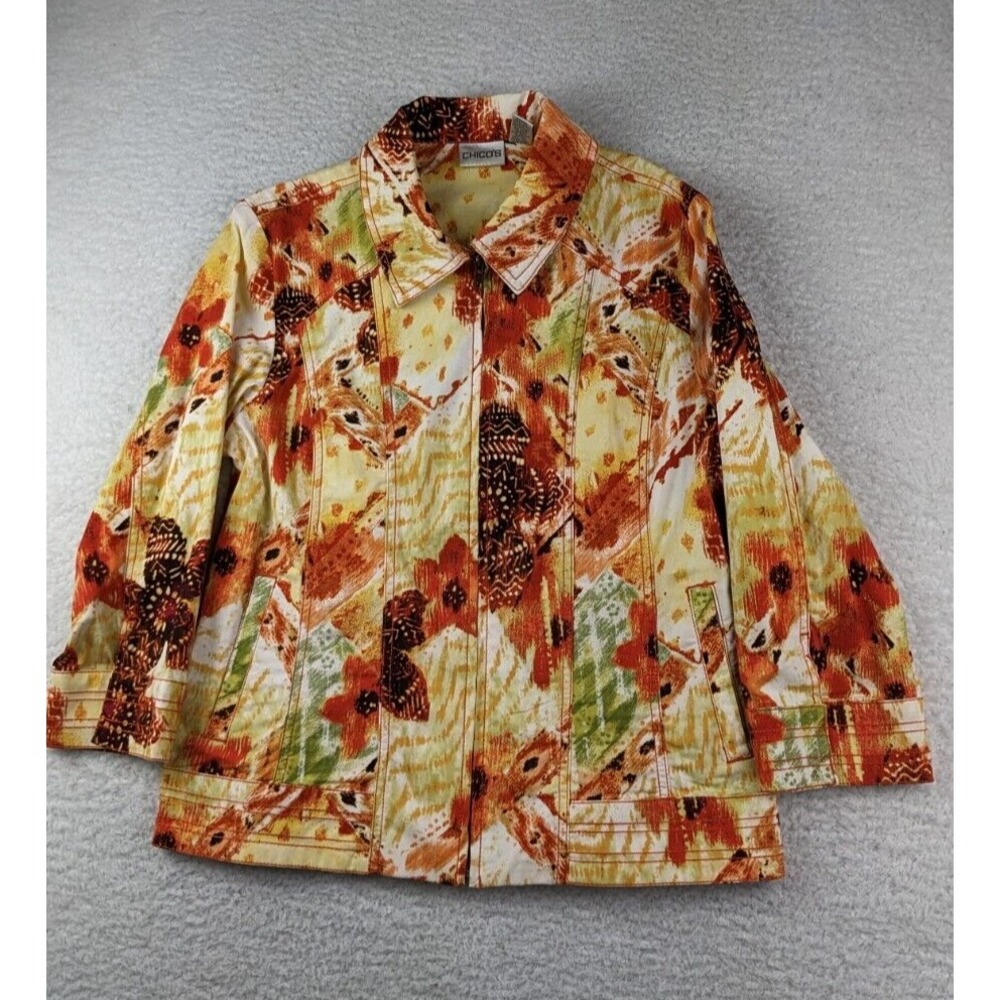 Chicos Womens Denim Jacket Stretch Orange Floral Full Zip Pockets Size 1